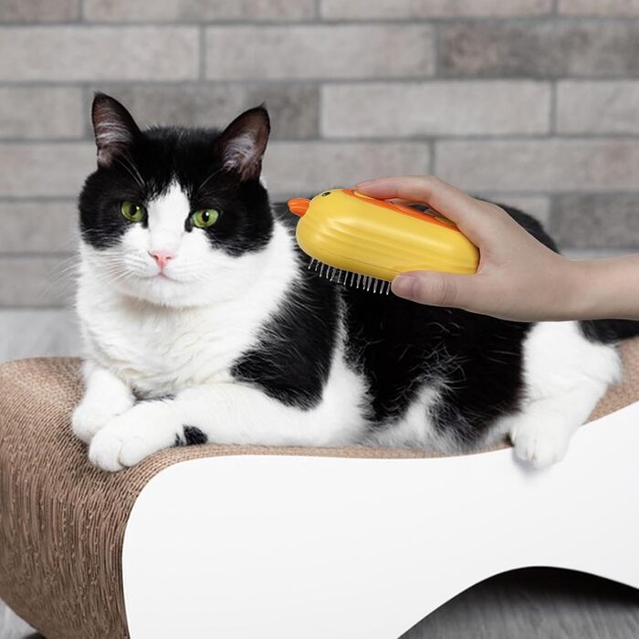 Паровушка для котів з кнопкою розблокування, 4-в-1 покращена багатофункціональна парова щітка для котів, самоочисна щітка для догляду за шерстю довгошерстих, короткошерстих собак, котів, жовта