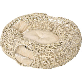 PawHut Корінь для котів з ротангу, 78x69x22 см, з м'яким подушкою, 3 входи, тунель для котів, натуральне дерево