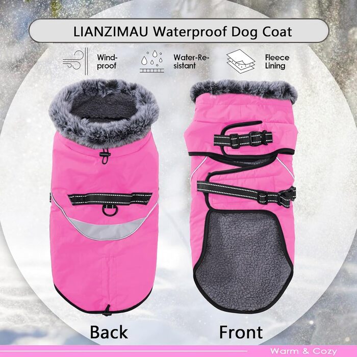Водонепроникний собачий плащ IANZIMAU з шлейкою, зимовий, флісовий, з відбиваючими елементами, для маленьких, середніх та великих собак, сіро-зелений (M, Рожевий)