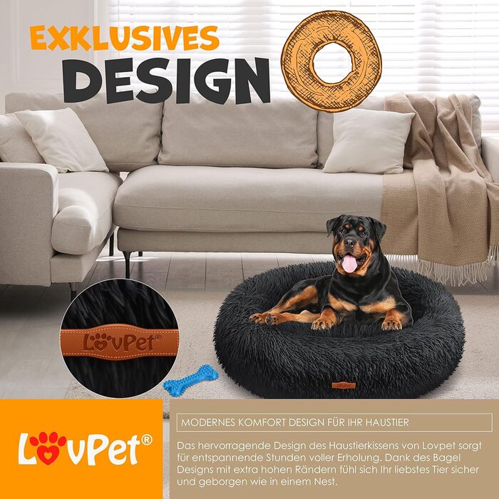 Ліжко-лежак для собак і котів Lovpet Bagel 3XL, 100 см, плюшеве, кругле, темно-синє, з мискою та 3 кісточками, м'яка подушка для малих, середніх і великих тварин, пране