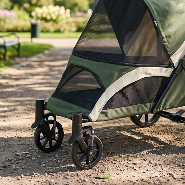 Складаний візок для собак середніх порід, прогулянковий buggy для домашніх тварин на 4 колесах із гальмами та страховим повідцем, темно-зелений