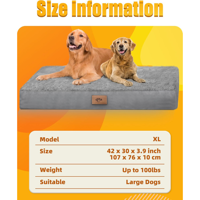 Ортопедичне ліжко для собак Sytopia, великих порід, 107x76x10 см, сіре. Знімна водонепроникна наволочка, антиковзаюча підкладка, міцна матрацна поверхня.