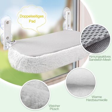 Кішка ліжко гамак для вікна, гамак для котів без мотузки, складане ліжко для котів на вікно з присосками, стабільний гамак для котів, вантажопідйомність 15 кг, сірий колір