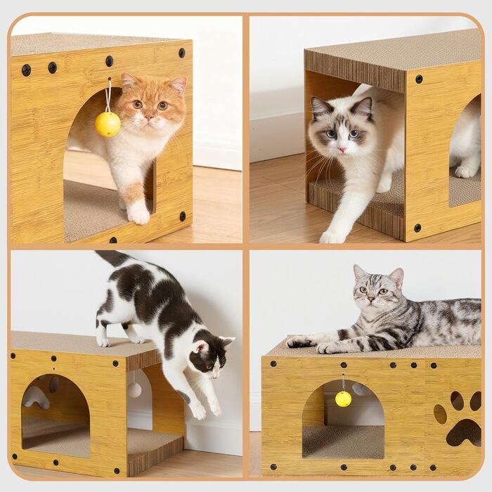 Кігтеточка Gimars для котів 100x30x30 см з м'ячем, тунелем та картонною поверхнею. Великий дім-будка XXL для котів, захист меблів.