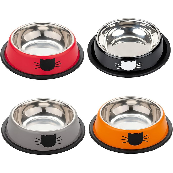 Набір мисок для котів PawPourri з нержавіючої сталі, протиковзкі, 2 шт (230 мл, сірий, червоний, помаранчевий, чорний)