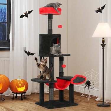 Котячий комплекс YITAHOME XXL, 142 см, з 8 стовпчиків сизалю, 3 платформи, 2 печери, гамак, іграшки, чорно-червоний