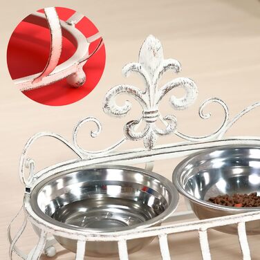 Підвищені годівниці для собак та котів, подвійні миски з нержавіючої сталі, годівниця для домашніх тварин з металевим стійкою Fleur de Lis (антична білизна), біла еліпс