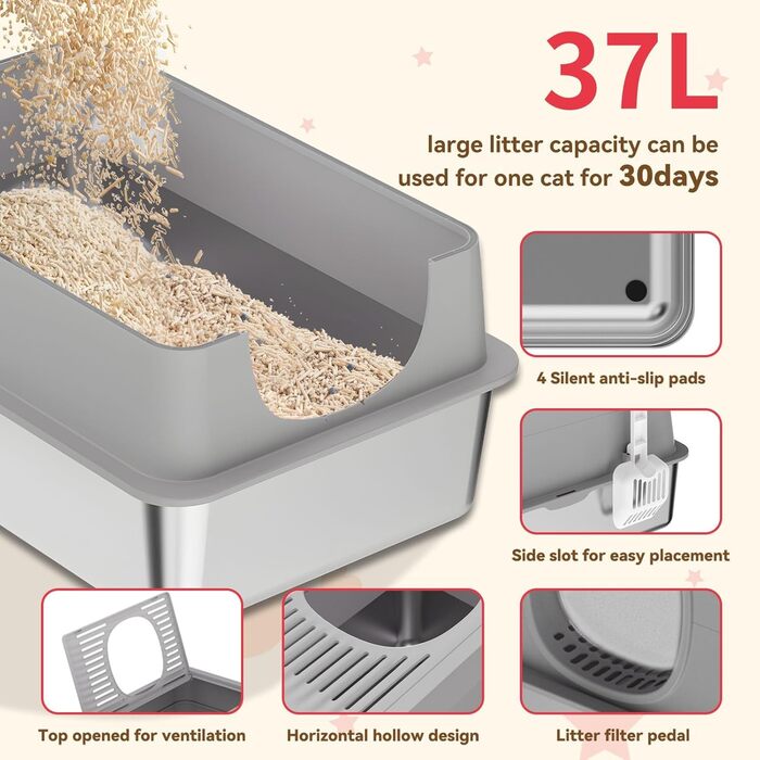 Лотку для котів з нержавіючої сталі з кришкою, великий, для великих котів, з совоком та килимком сірого кольору