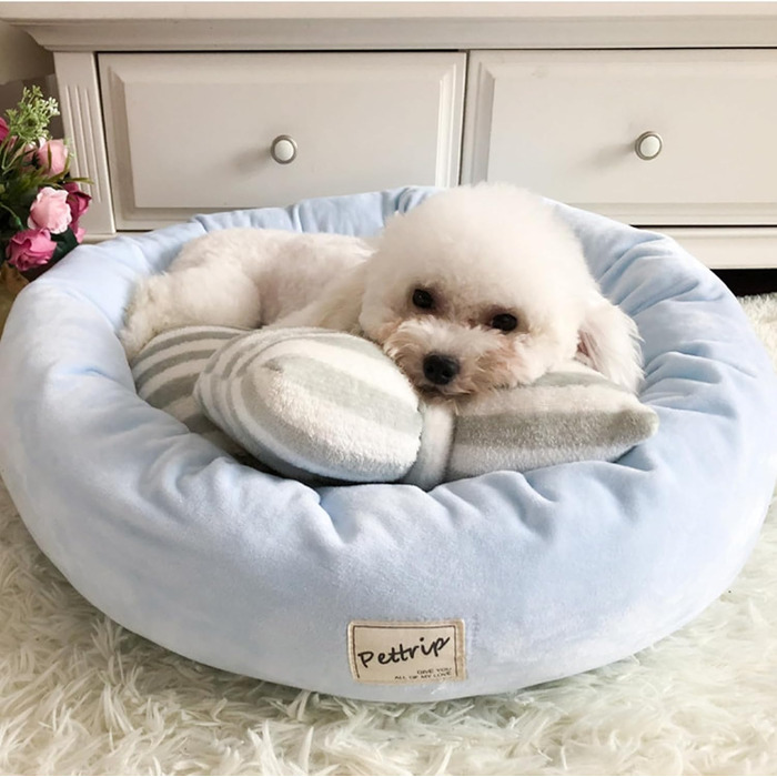 Ліжко для собак і котів PETCUTE, кругле, велюрове, м'яке, синє, розмір M (55×15 см), для малих, середніх і великих порід, пране