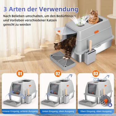 Лоток для котів з нержавіючої сталі KMNSUN XXL з кришкою, дезодоруючий, 61×41×40 см, з совком і педалями, легке очищення