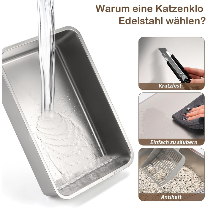Набір для котів з нержавіючої сталі з кришкою, 110° Flip-Cover Design XXL, закритий лоток для котів, 38л, з лопаткою та педальним механізмом, високий борт, захист від протікання, легке очищення, 61х42х39 см