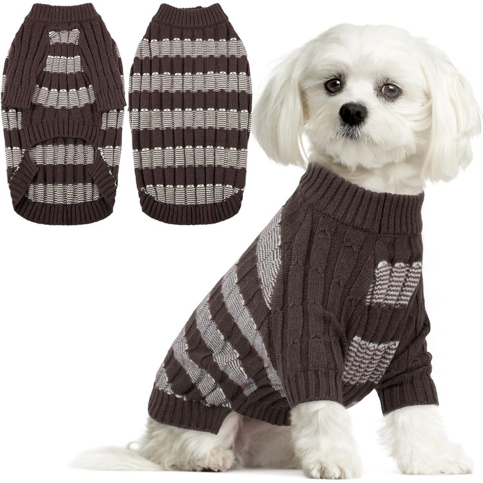 Теплий в'язаний пуловер для собак маленьких порід з отвором для повідка - коричневий, для Ши-тцу, Мопса, з пітонами