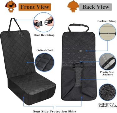Захисний чохол на сидіння авто для собак, 136x119 см, чорний, нейлон. З щіткою для чищення та сумкою. Підходить для більшості авто та SUV.