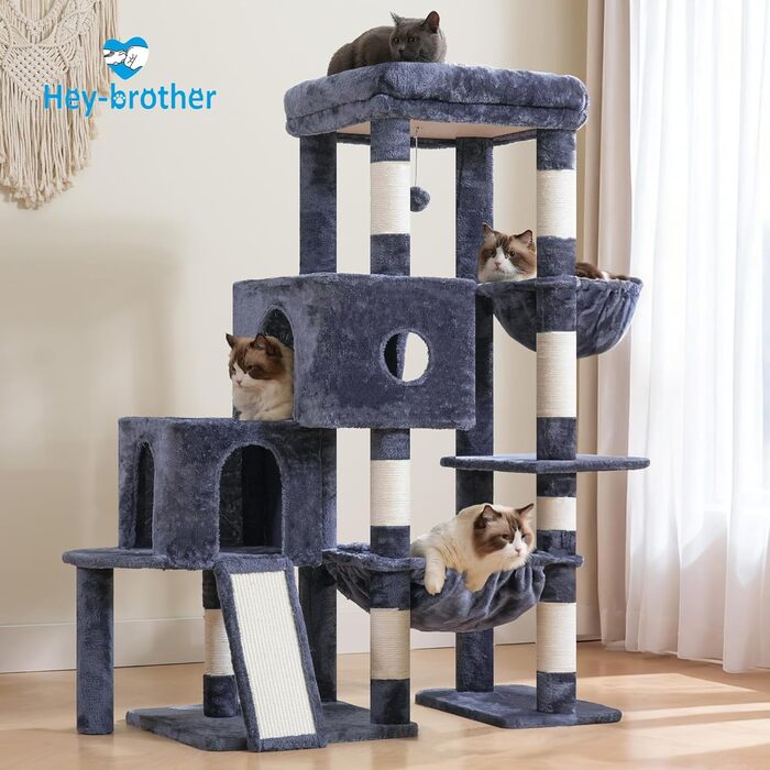 Котячий будиночок Hey-brother Kratzbaum: велика платформа, 2 печери, гамак, сизаль, кошик, 127 см, MPJ071W (димно-сірий)