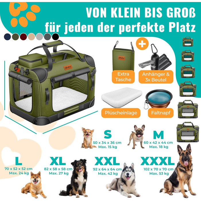 Транспортна переноска для собак та котів M 60x42x44см | Переноска для тварин Khaki | З мискою та плечовим ременем