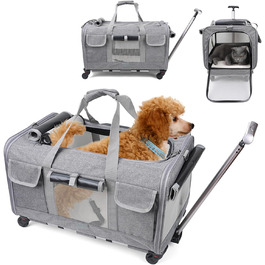 Транспортна сумка для котів PETCUTE з колесами, дихаюча переноска для 2 котів, складана переноска для собак з телескопічною ручкою, знімний килимок, ідеальна для подорожей (Сіра)