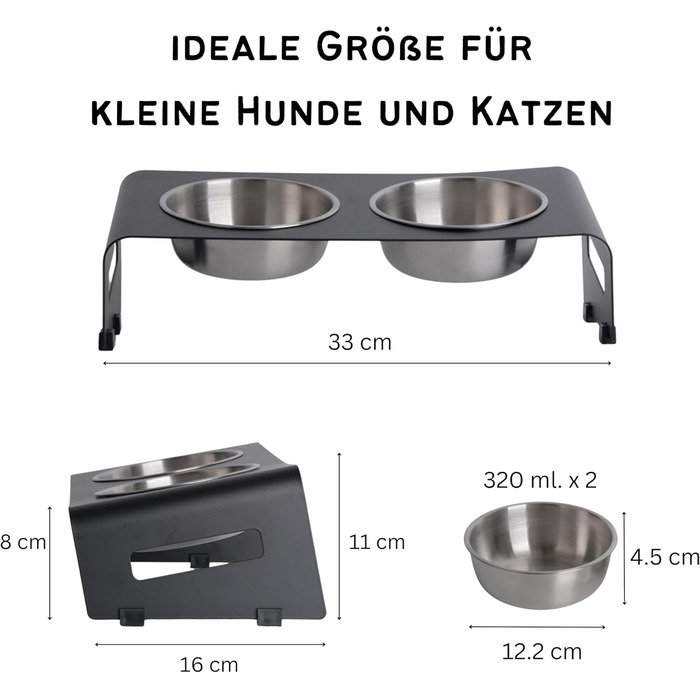 Підставка для корму PETLINUS для котів, піднята годівниця, ергономічна миска для котів, миска для котів з нержавіючої сталі та металу, годівниця для котів та маленьких собак (Чорний - Нахилена)