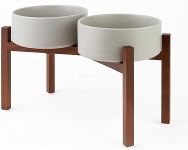 Миска для собак SpunkyJunky з кераміки, подвійна, піднята на підставці з акації, 1800 мл, сіра