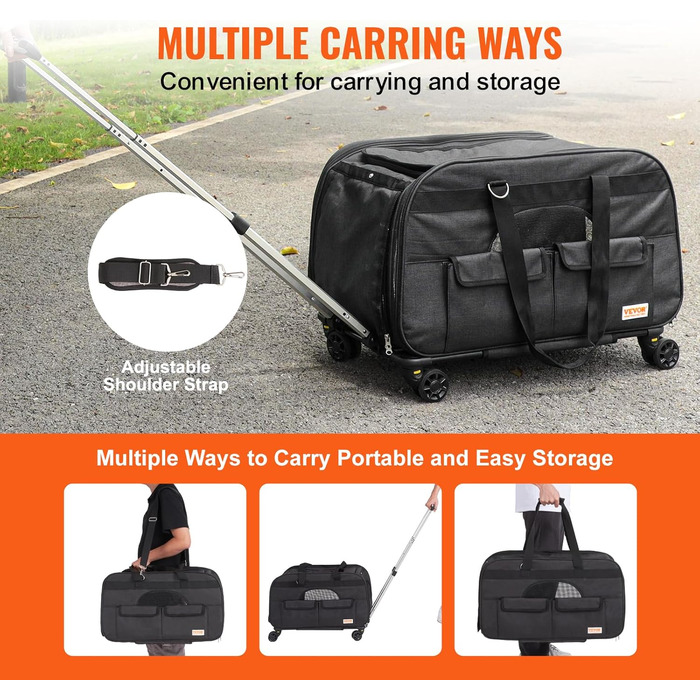 Тролей для собак VEVOR, 15.8 кг, чорний. Зручний рюкзак-переноска для собак, 600D Oxford, 4 колеса, для подорожей та вигулу