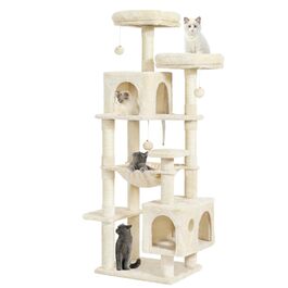 Кігтеточка для котів MSmask велика, стабільна, багатоярусна з 2 платформами, 2 будиночками, гамаком та сизалевими стовпчиками (Бежевий, 160 см)