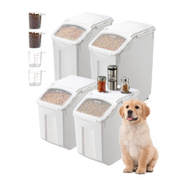 Набір контейнерів для зберігання VEVOR: 4 шт. (2 x 15 л / 2 x 20 л) з колесами, мірним стаканчиком та герметичними кришками. Підходять для кормів для тварин, круп, мюслі та кухонних інгредієнтів.