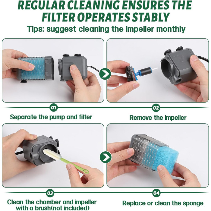 EXLECO Фільтр для акваріума 9W, 800 л/год, вбудований фільтр з 2 змінними губками, регульований фільтр для акваріумів 20-50л, фільтр-насос для акваріумів з розпилювачем