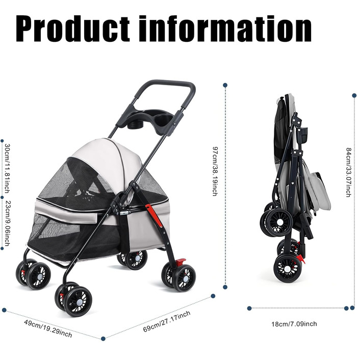 Візок для тварин для маленьких собак та котів, складаний, сірий, з поворотними колесами та регульованим капюшоном