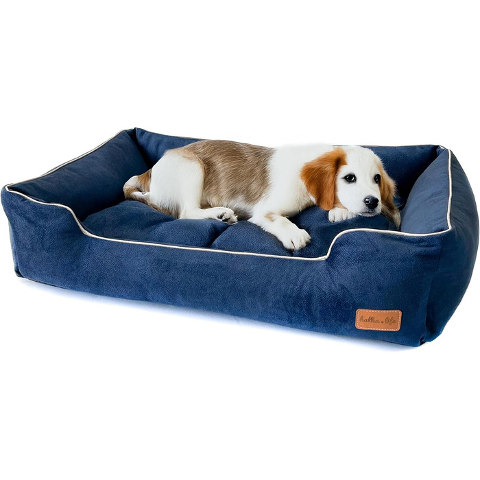 Собаче ліжко з велюру, миюче диван з високими бортиками – для маленьких та великих собак (M (80x50x18 см), Marine)
