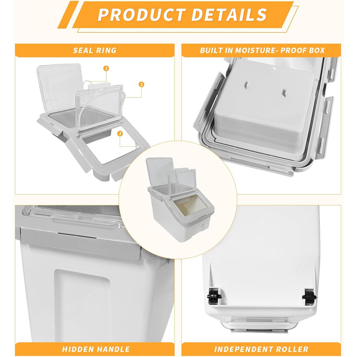 Контейнер для корму для тварин, контейнер для корму для собак зі шкребком, стекується, 10 кг, контейнер з кришкою, сірий, розмір L