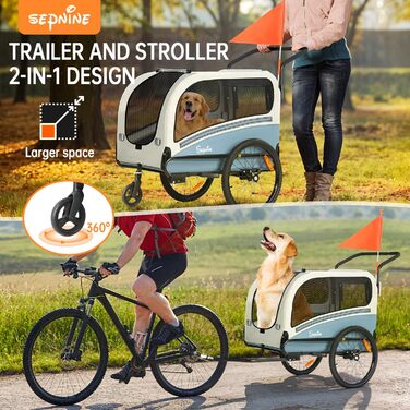 SEPNINE® Причіп для собак XXL 2-в-1 - велосипедний причіп для собак з дахом, відбивачами та штовхачем, до 50 кг, блакитно-білий