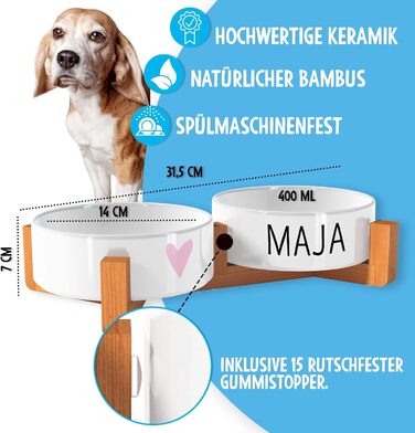 OWLBOOK Миска для собак з іменем Rosa Herz, подвійна керамічна миска з бамбуковим підставкою, 300 мл