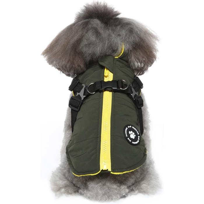 Зимова куртка для собак 2 в 1 з шлейкою, тепла куртка для цуценят та собак маленьких та середніх порід, зелена. Розміри: S (34 см), XL (49 см)