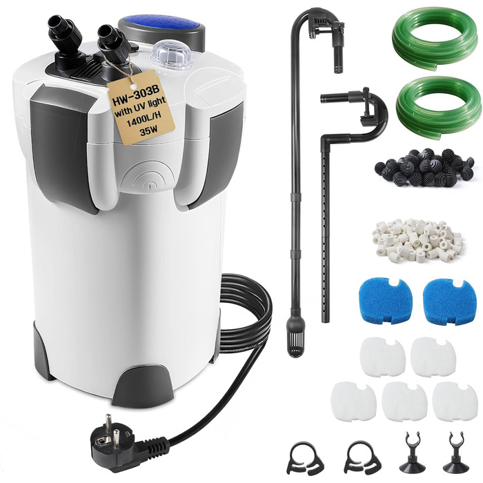 EXLECO Зовнішній фільтр для акваріума з УФ-лампою 1400 л/год 35 Вт - фільтр для акваріумів до 300 л, регульований, потужний 3-ступеневий каністровий фільтр з фільтрувальним матеріалом, шланг HW-302B з УФ-лампою/1400 л/год/2.0 м/35 Вт