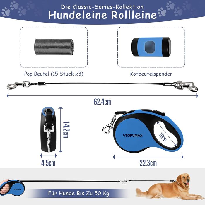 Висувна поводок для собак VTOPVMAX - для середніх та великих собак до 50 кг | Міцний поводок з безпечним кабелем, дозатор для відходів та гальмо однією рукою (Білий) Білий (8 м, Синій)