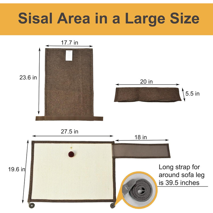 Захист для дивану від кігтів котів, 70 x 50 см, з сизалю, для правої руки (коричневий)