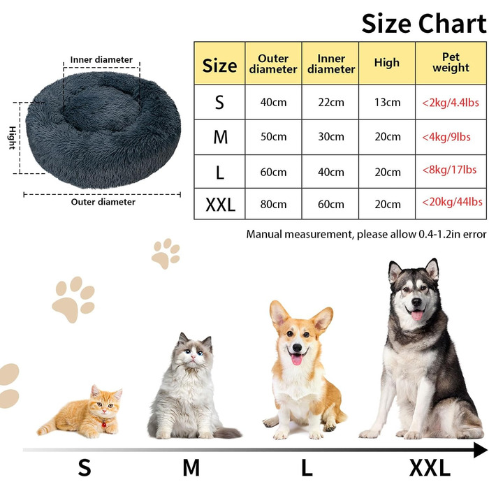 Кругле ліжко для котів та собак, 60 см, м'яке, миється, плюшеве, сірий колір