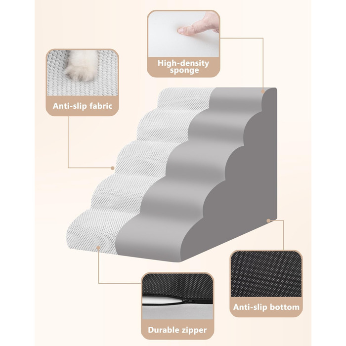 Сходинки для собак та котів на ліжко та диван: 5-ти ступінчасті сходинки для маленьких собак, зручні та довговічні, з неслизькою основою, сірий колір, 32.6 x 15.7 x 22.4 см