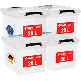 Коробки для зберігання ATHLON TOOLS 4шт по 20 літрів з кришкою, харчові, прозорі, з затискачами, з 100% нового пластику, стекуються | 20 л | 4 шт.