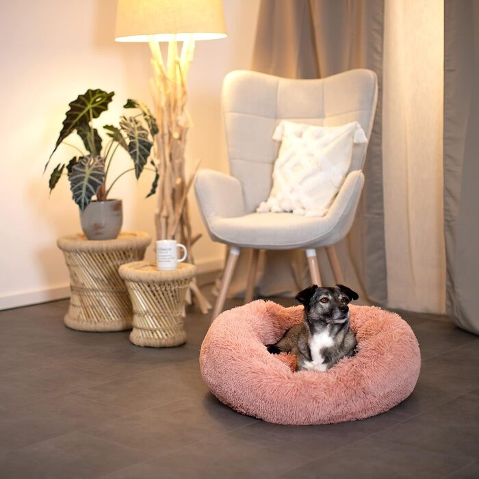 Кругле ліжко для собак та котів Lionto, Ø 60 см, рожеве, м'який плюш, товста підкладка