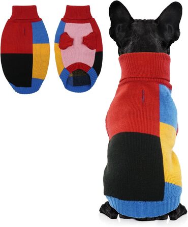 Вовняний пуловер для собак Hjumarayan, вінтажний стиль, отвір для повідка, блоковий колір, пуловер з коміром-стійкою для маленьких собак, теплий, червоний S