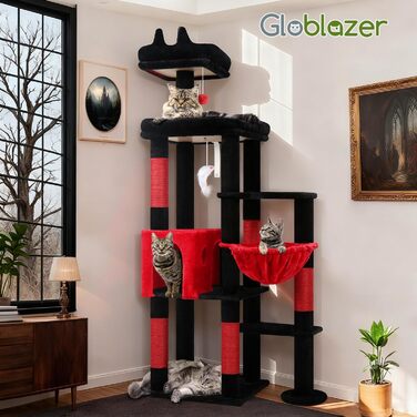 Дерев'яний комплекс для котів Globlazer з висотою 167 см, широкою платформою, будиночком, кошиком та іграшками. Стабільний, підходить для 2-4 котів. Чорний/червоний (F65B)