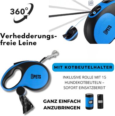 Висувна поводок для собак CORTESPETS® 5м, до 50 кг, блакитний | Високоякісний рулонний поводок