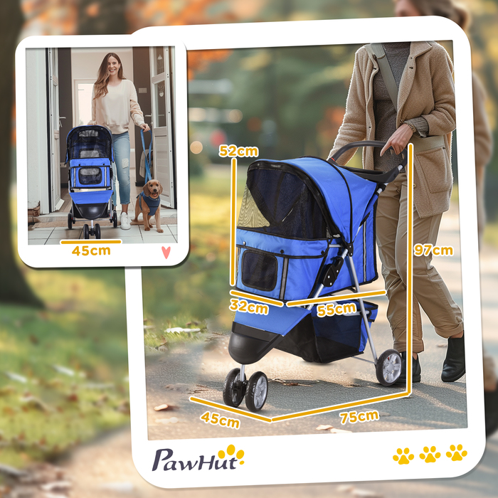 PawHut Dog Stroller Dog Buggy для собак і кішок різнокольоровий синій, складний і легкий, ідеально підходить для поїздок