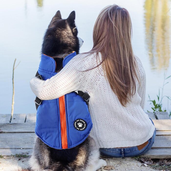 Теплий зимовий одяг для собак: куртка-жилет з пов'язкою, для цуценят та собак середніх та великих порід (синій, S)