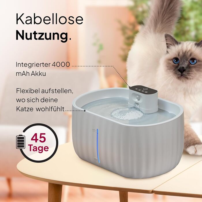Бездротовий фонтан для котів Pretty Paw Aqua Sense, 3 л, з фільтром і сенсором руху, сірий, тривала автономна робота