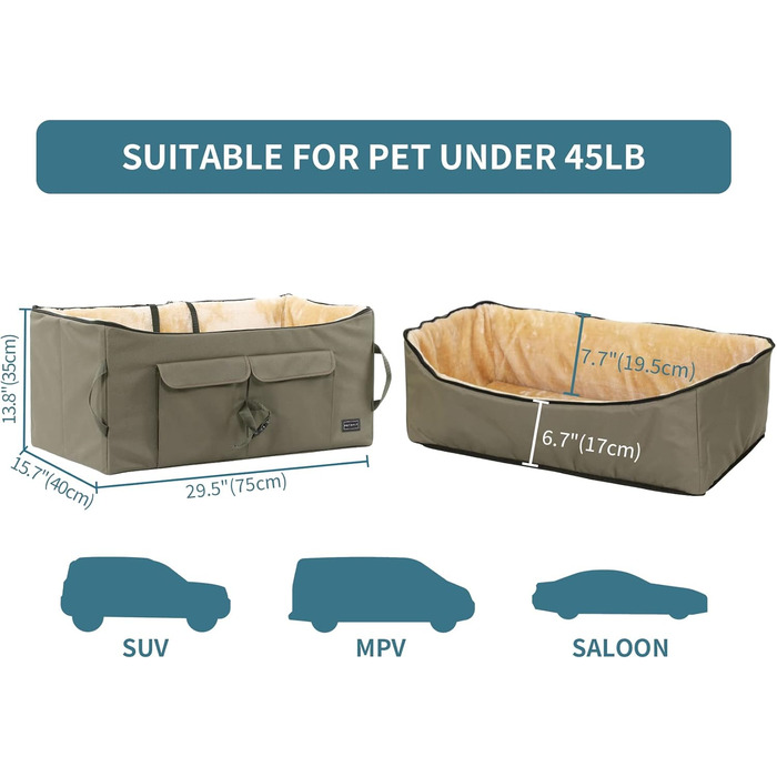 Автокрісло для собак Petsfit L Brown - для великих та 2 маленьких собак, з підкладкою та ременями безпеки