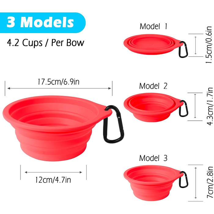 Складані годівниці для собак PetBonus (2 шт.) - силіконові миски для води та корму для собак, котів, в дорогу, з карабіном (1000 мл, чорний, червоний)