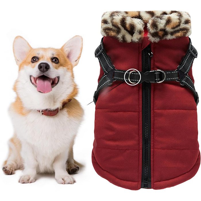 Зимовий теплий одяг для собак: водонепроникна жилетка з інтегрованим шлейкою | Для малих, середніх собак | Колір: Бордовий