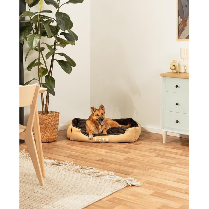 Килимок для собак Lionto з двостороннім подушкою та нековзною основою, міцний лежак для домашніх тварин з глибоким входом, підходить для собак та котів будь-якого віку, 50x37 см, м'який лежак для собак, (Д 90 x Ш 70 x В 20 см (з іменним нанесенням), бежев