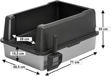 Котів туалет XXL з нержавіючою сталлю та бортиком 71 x 50,5 x 35 см Сірий-Сріблястий (з лопаткою)